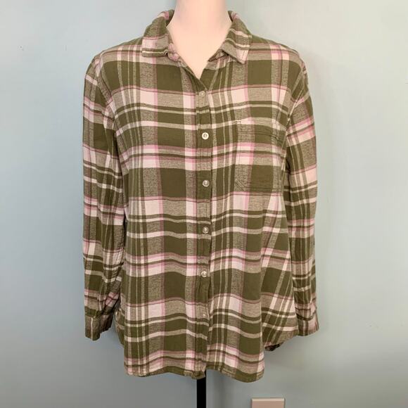 GAP Boyfriend Green Plaid Flannel Button Down Size Large - Picture 2 of 7